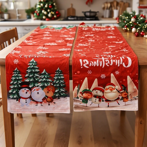 Christmas Table Runner Red Polyester Soft Cloth Cartoon Santa Snowman Reindeer Printed Holiday Dining Kitchen Decor