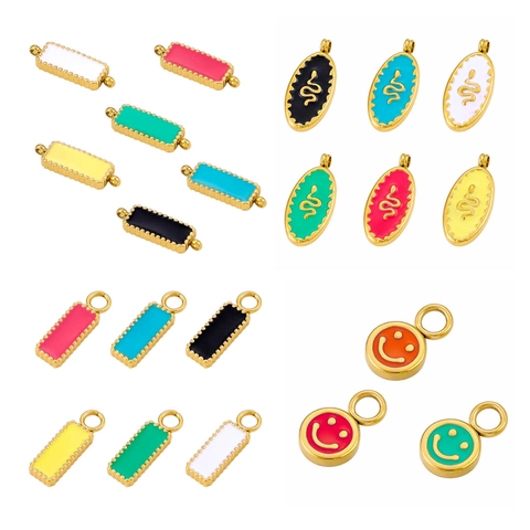 Stainless Steel Enamel Charms Colorful Geometric Rectangular Oval Snake Smile Pendants For DIY Jewelry Making Findings