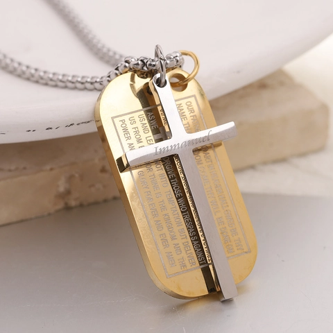 Cross Dog Tag Pendant Necklace 304 Stainless Steel Engraved The Lords Prayer Immanuel Christian Religious Jewelry For Men