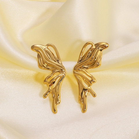 Stainless Steel Butterfly Wing Stud Earrings 18K Gold Plated Liquid Metal Molten Gold Style Niche Design For Women