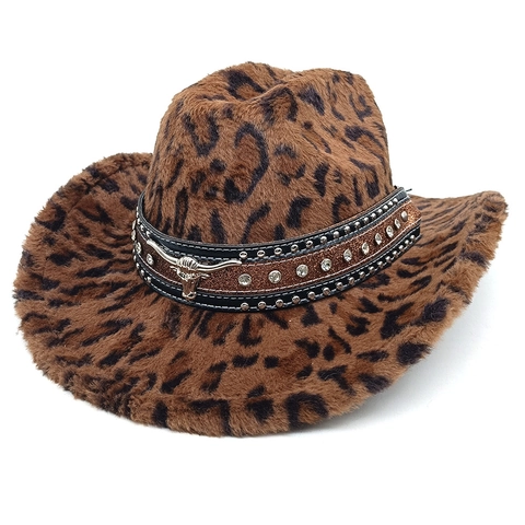 Cappello Da Cowboy Con Stampa Leopardata Pelliccia Sintetica Western Vintage Testa Di Toro Strass Cinturino Pelle Caldo