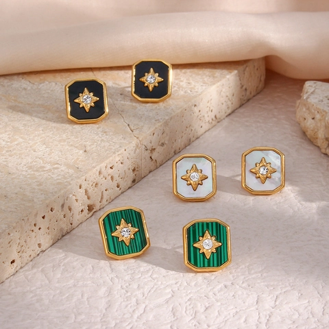 Vintage Edelstahl Stern Quadrat Muschel Strass Halskette Ohrringe Gold Vergoldet Geometrischer Schmuck Für Damen Mode Schmuck Geschenk