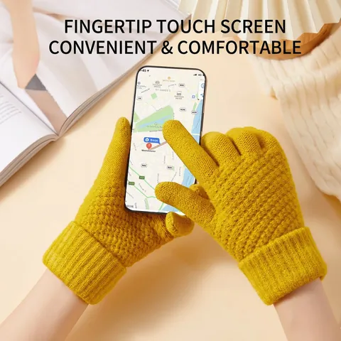 Women Winter Warm Knit Gloves Thickened Touchscreen Gloves With Pineapple Texture Five-finger Thermal Outdoor Riding Gloves