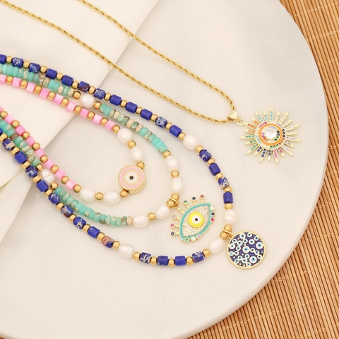 Evil Eye Natural Stone Necklace With Artificial Pearl Copper Sun Pendant Handmade Layered Bohemian Jewelry For Women