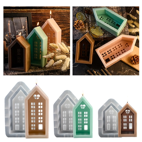 House Shape Silicone Mold For DIY Candle Plaster Cement Crafting European Style Hollow Window 3D Home Decor Ornament