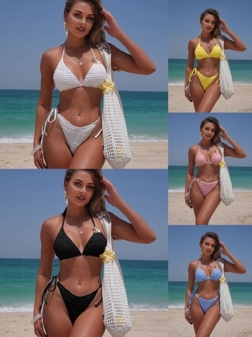 Bikini Da Donna Top Allacciato Al Collo E Slip Con Lacci Tessuto Testurizzato Fiori In Metallo Perla Artificial