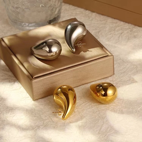Pendientes De Gota De Agua Huecos Acero Inoxidable Chapado En Oro 18K Martillado Pulido Minimalista Joyería Para Mujeres