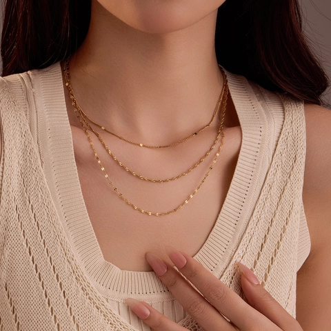 Collier Triple Rang En Acier Inoxydable Plaqué Or 18K Chaîne Minimaliste Bijoux De Clavicule Pour Femmes