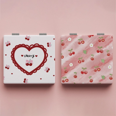 Compact Mirror Cute Cherry Pattern Folding Double Sided Portable Makeup Vanity Tool For Women Girls Students