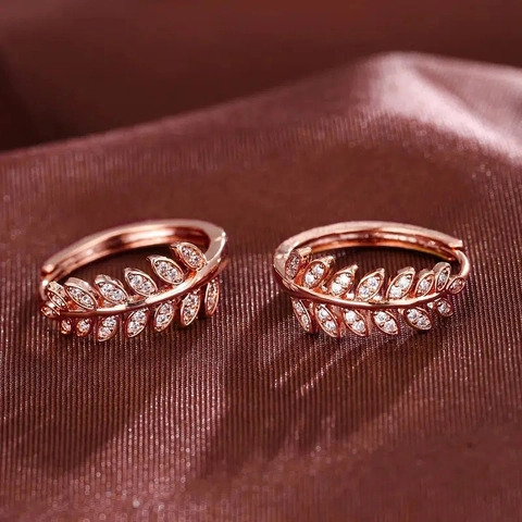 Copper Leaf Hoop Earrings With Micro Paved Zircon Olive Branch Design Elegant Floral Jewelry For Women