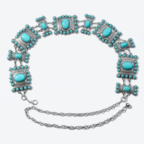 Vintage Bohemian Alloy Waist Chain With Artificial Turquoise Inlay Engraved Western Ethnic Belt For Women Dresses Jewelry