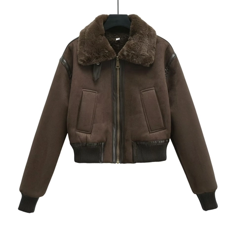 Women Faux Suede Aviator Jacket With Faux Fur Collar Shearling Lined Zip Up Streetwear Winter Outerwear Coat