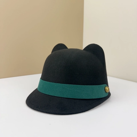 Kids Cute Cat Ears Wool Felt Bowler Hat Equestrian Knight Style Cap With Contrast Ribbon Gold Rivet Accessory For Girls