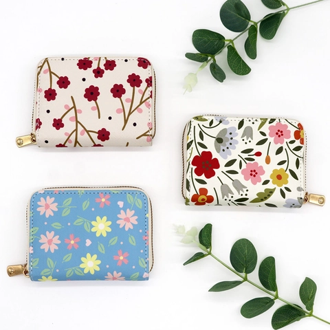 PU Leather Accordion Card Holder Wallet For Women Cute Floral Cartoon Print Mini Zipper Coin Purse Multi Slot