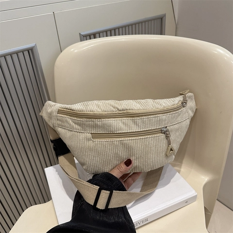 Women Minimalist Corduroy Waist Bag Chest Bag Casual Solid Color Adjustable Strap Fanny Pack Daily Crossbody Belt Bag