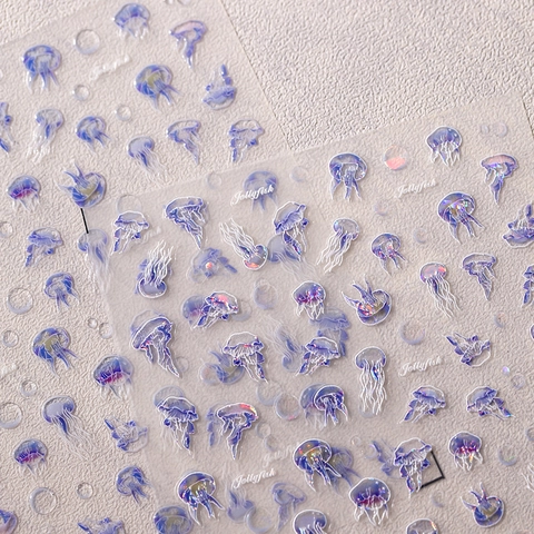 3D-Relief Quallen Nagelaufkleber Holographische Ozean-Thema Geprägte Nailart Abziehbilder Für Frauen DIY Dekoration