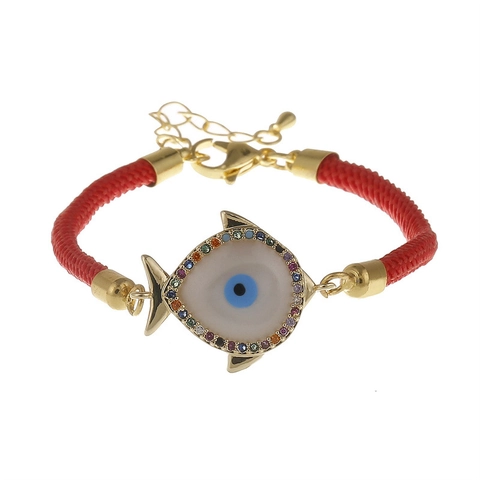 Evil Eye Fish Pendant Bracelet Copper Gold Plated Colorful Zircon Adjustable Braided String Hand Jewelry