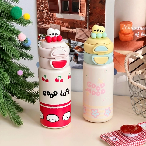 316 Stainless Steel Insulated Water Bottle With Straw Portable Strap Cute Cartoon Vacuum Thermos For Kids Students Girls
