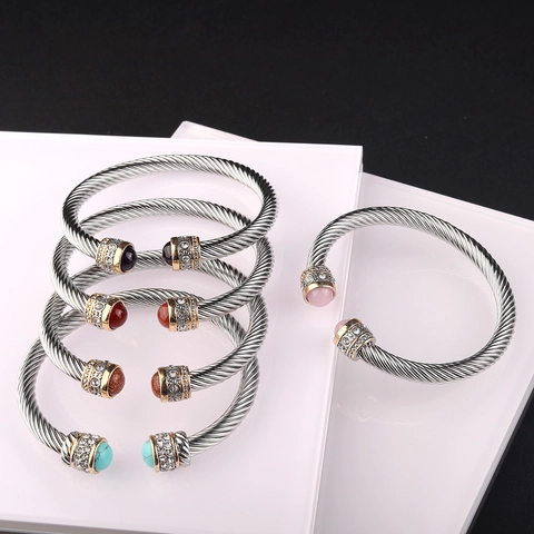 Twisted Cable Open Cuff Bangle Stainless Steel Natural Stone Zircon Faux Artificial Pearl Retro Vintage Bracelet For Women