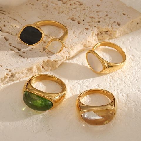 Anillo Vintage Ovalado De Resina Piedra Artificial Acero Inoxidable 304 Chapado En Oro Joyería Dedo Mujer