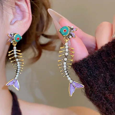 Orecchini Pendenti A Lisca Di Pesce Smalto Carpa Perla Artificial Imitazione Gioielli Con Perno In Argento Sterling 925