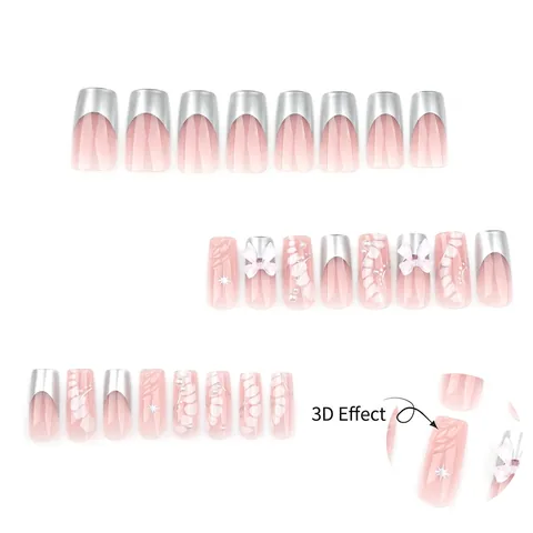 Pink Press On Nails With 3D Bowknot Silver French Tips Artificial Pearls Star Pattern Square Round False Artificial Nails For Women