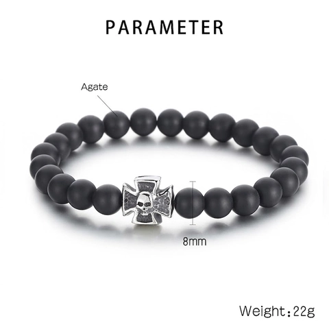 Bracciale Di Perline Pietra Naturale Occhio Di Tigre Agata Con Ciondolo Croce Teschio In Acciaio Inossidabile Gioielli Vintage Punk Gothic Per Uomo