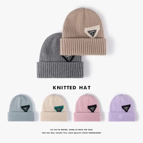 Gorro De Punto Para Mujer Invierno Engrosado Cálido Doble Capa Punto De Canalé Mezcla De Lana Con Dobladillo Y Parche De Letras