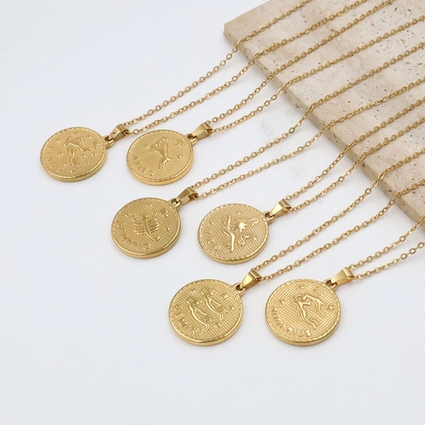 Zodiac Sign Coin Pendant Necklace 18K Gold Plated Stainless Steel Round Medallion Retro Vintage Style Jewelry