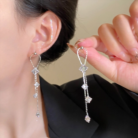 Pendientes Largos De Borla Con Circón Rómbico Con Silver Earring Post Estrella Geométrica Joyería Elegante Para Mujer