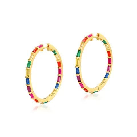 Orecchini a Cerchio in Argento Sterling 925 Con Zirconia Baguette Arcobaleno per Donna Placcato Oro Colorato Gioielli Geometrici
