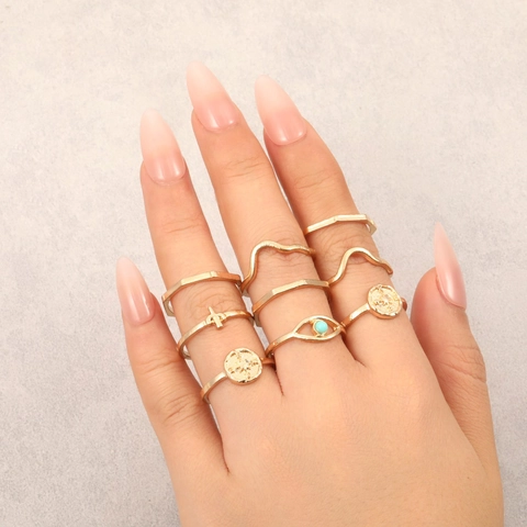 Vintage Gold Color Ring Set For Women Bohemian Style Eye Cross Wave Pattern Electroplated Alloy Ring Jewelry Gift
