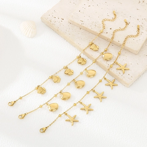 Stainless Steel Gold Plated Ocean Bracelet Shell Starfish Fish Pendant Adjustable Vacation Style Jewelry For Women