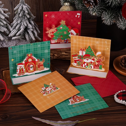 Christmas Greeting Cards 3D Pop Up Laser Cut Gold Foil Stamping Paper Cards With Envelopes Cartoon Plaid Pattern Holiday Gift