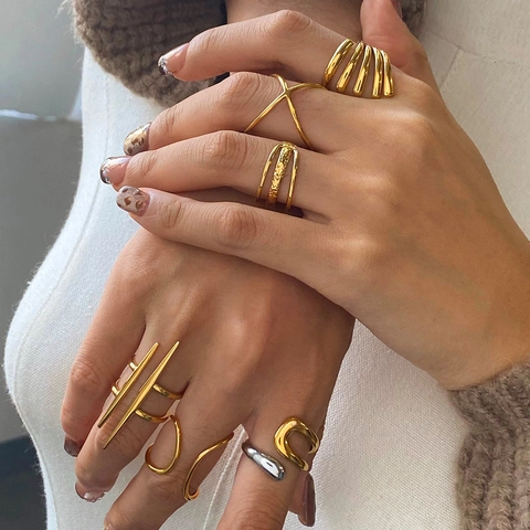Geometric Stainless Steel Open Rings For Women Irregular Minimalist Adjustable Lines Waterproof Hypoallergenic Fashion Jewelry