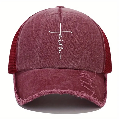 Faith Kreuz Druck Distressed Baseball Kappe Gewaschene Baumwolle Atmungsaktives Mesh Trucker Hut Retro Outdoor Sonnenhut