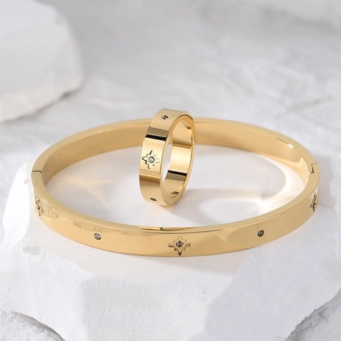 North Star Bangle And Ring Jewelry Gold Plated Stainless Steel With Cubic Zirconia Starry Fashion For Women