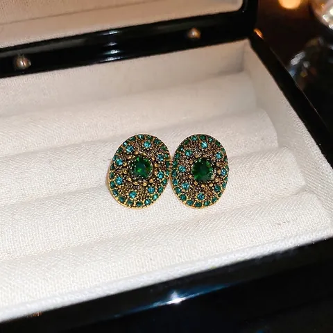 Orecchini Ovali Vintage Verde Smeraldo Pietra Preziosa Sintetica Con Perno In Argento Sterling 925 Lega Strass Palazzo