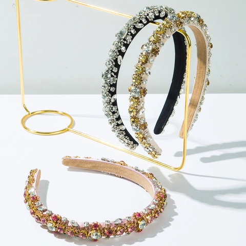 Baroque Padded Headband For Women Full Rhinestone Sparkling Wide Fabric Alloy Hair Hoop Elegant Vintage Accessories