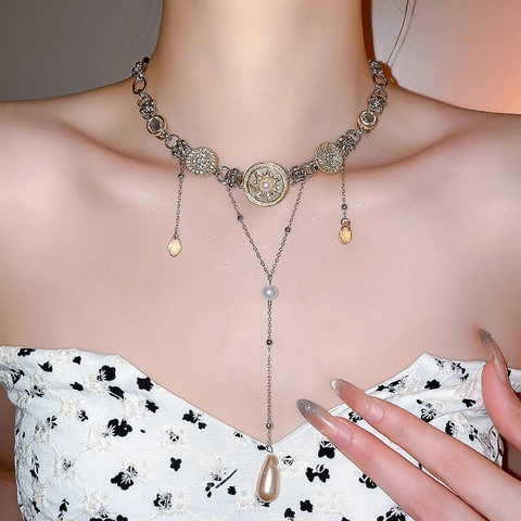 Collana A Y Stile Palazzo Vintage Lega Perla Artificial Strass Con Pendente Nappa Goccia D'acqua Cristallo Ambra Per Donna