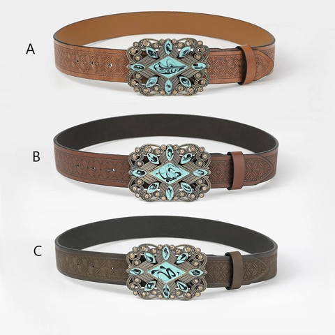 Ceinture Homme Vintage Western en Cuir PU Gaufré Cowboy Ethnique Avec Boucle à Plaque en Alliage Turquoise Strass Rétro
