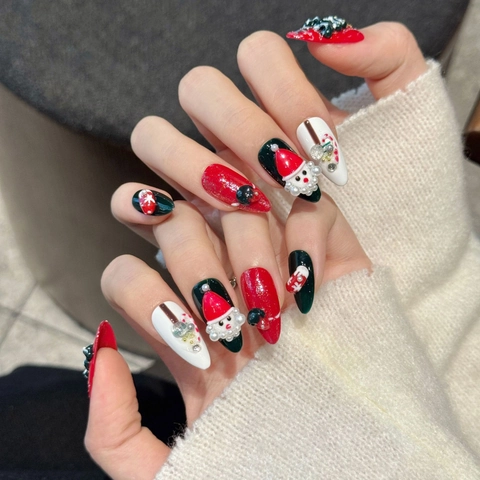 Uñas Postizas De Navidad Hechas A Mano Con Diseño 3D Papá Noel Y Árbol Strass Perlas Artificiales Purpurina Forma Almendra