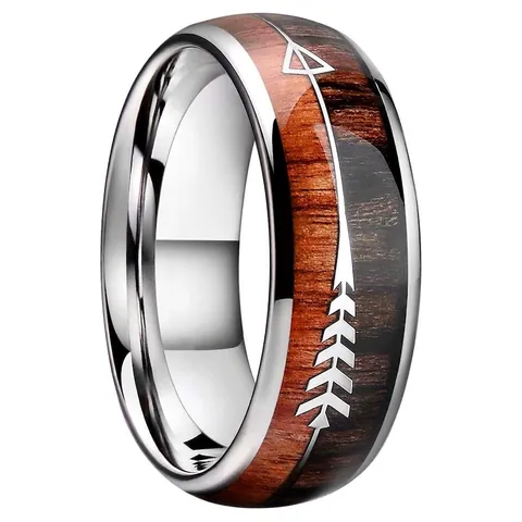 Stainless Steel Ring With Wood Inlay Arrow Pattern Retro Fashion Jewelry Band For Men And Women