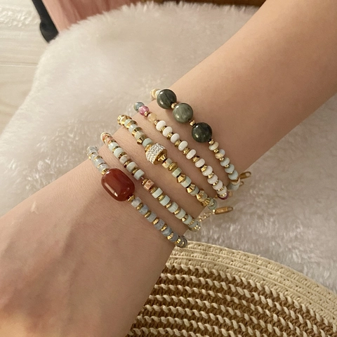 Pulsera De Cuentas De Piedra Natural Vintage Acero Inoxidable Colgante De Corazón Joyería Boho Colorida Para Mujeres
