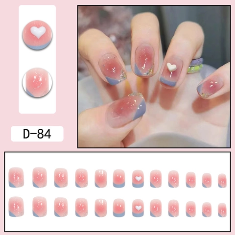 Unghie Finte Press On Francesi Rosa Blush Sfumato Punte Blu Glitter Argento Decorazione Cuore 3D Stile Dolce Rimovibili