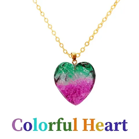 Heart Pendant Necklace Glass Crystal Gradient Rainbow Color Cracked Ice Texture Gold Plated Alloy Chain Jewelry Women