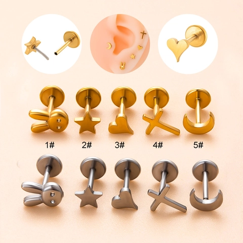 Stainless Steel Cartilage Earrings Push Pin Flat Back Heart Star Cross Moon Rabbit Lip Stud Piercing Jewelry Unisex