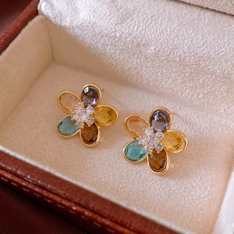 Kleurrijke Bloem Oorknopjes Met Zirkoon 18K Verguld Koper En Zilveren Oorknopje Vintage Elegant Voor Dames