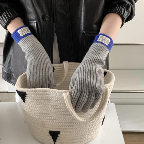 Guantes de Punto de Estilo Coreano para Mujer Bloque de Color Invierno Cálido Espesado Pantalla Táctil Mitones Con Etiqueta Tejida Estudiantes
