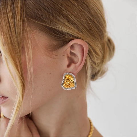 Irregular Lava Melted Stud Earrings Stainless Steel Two Tone Gold Silver Minimalist Trendy Jewelry For Women